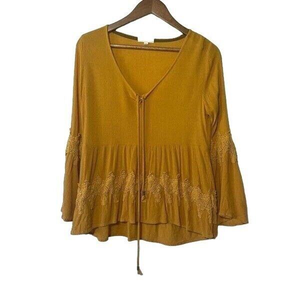 Taylor & Sage Womens Small Mustard Bell Sleeve Tie V-Neck Boho Peasant Blouse - Picture 2 of 10
